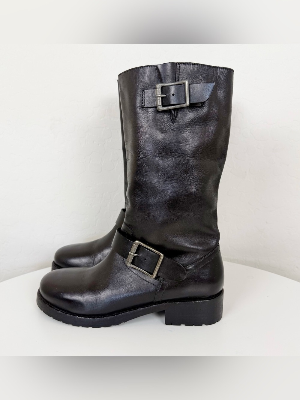 Free People Black Leather Mid-Calf Buckle Heeled Boots - Picture 4 of 14